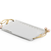 Plateau de service rectangulaire en argent avec feuilles d'or et poignées de perles roses Plateau décoratif de luxe pour la maison et le plateau de petit déjeuner cadeau
