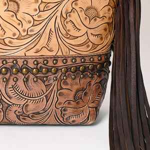 Bolso bohemio de cuero genuino para mujer hecho a mano, minitote de piel de vaca Floral occidental con borlas, eslinga de transporte oculta para - Product Image 4