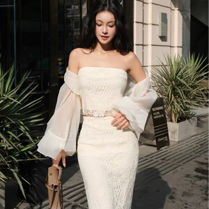 Coshe Audrey Chic Top sin tirantes de encaje Maxi falda Conjunto elegante transparente exterior para fiestas eventos lujo Casual traje hasta el suelo dulce - Product Image 1