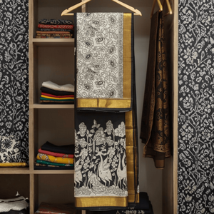 Sari de Algodón y Seda Kalamkari Midnight Grace, Estampado a Mano, Estilo Indio-Pakistaní, Prenda Étnica, Últimos Diseños para Uso Diario - Product Image 2