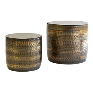 Top en bois forme de baril forme ronde Vintage ensemble de 2 Table basse latérale pour la maison salon meubles Tables martelées à la main - Product Image 2