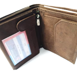 กระเป๋าสตางค์ผู้ชายหนังแท้ลาย Crazy Horse แนววินเทจโลโก้ออกแบบได้ตามต้องการมีซิปรูดรูดซิปมีกระดุมซับในหนังยาวใส่ธนบัตรได้ทุกวัน - Product Image 1