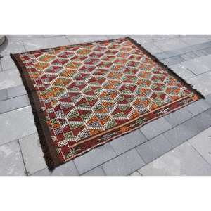 พรมขนสัตว์สีเบจแบบดั้งเดิม6.2ft 4.9 x งานแฮนด์เมดสไตล์ตุรกีคิทติมสี่เหลี่ยมผืนผ้าดีไซน์สำหรับห้องนั่งเล่นข้างเตียงห้องโถงน้ำยาง - Product Image 2