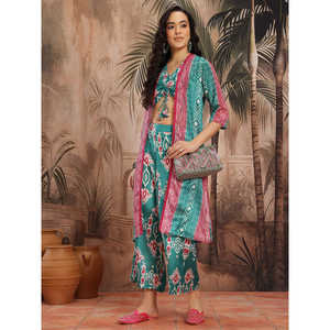 Conjunto de Dos Piezas para Mujer, Top Verde Satinado Estampado con Mangas Tres Cuartos y Cuello con Lazo, Estilo Club, para Primavera/Verano - Product Image 1