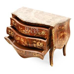 Luxury Inlaid <b>Wooden</b> Chest of Drawers with Marble Top Curved Front Brass Details Classic European Furniture - Product Image 4