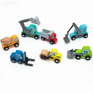 Ensemble de jouets pour véhicules de Construction en bois, pelle, grue, rue, rouleau, mélangeur de ciment, chariot élévateur, camion à benne, voiture en bois