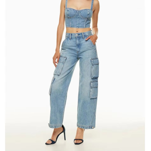 Wholesale Winter High Street <b>Women's</b> Retro Blue Denim Cargo <b>Jeans</b> Straight Wide Leg Casual OEM Waterproof Streetwear - Product Image 5