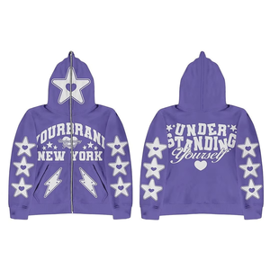 Custom Purple <b>White</b> Star Print Men's Hoodie Jogger Set <b>Zip</b> <b>Up</b> Sweatshirt Tracksuit Custom Brandwear Winter - Product Image 3
