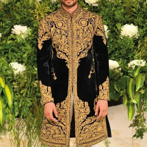 Heavy Zari Embroidery on Stylish <b>Black</b> Sherwani & <b>Pant</b> Dress with Embellished Crystal Glass Beads,glass Stone,dabka <b>Work</b>@ 2024 - Product Image 1
