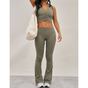 Gym Bra for Women Custom Logo Sports Adjustable Workout <b>Flare</b> <b>Leggings</b> Sports Bra Women's <b>Leggings</b> Set - Product Image 1