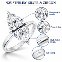 Bague de fiançailles en argent sterling 925 avec zircon/moissanite taille marquise 6x12mm/7x14mm, quatre griffes, logo personnalisé, vente en gros