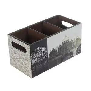 Luxury Two-Tiered Wooden Cutlery <b>Holder</b> with Decorative Printed Design for Spoon Fork & <b>Knife</b> or Caddy - Product Image 1