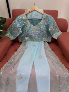 Sari con bordado de lentejuelas de hilo y encaje elegante Incluye blusa sin costuras de seda Mono Banglori Ropa festiva de fiesta elegante - Product Image 4