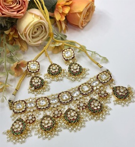 Classic High Quality Gold Plated Stone Look Design <b>Moissanite</b> <b>Necklace</b> Earrings Tikka Set For Women Wedding Engagement Wear - Product Image 1