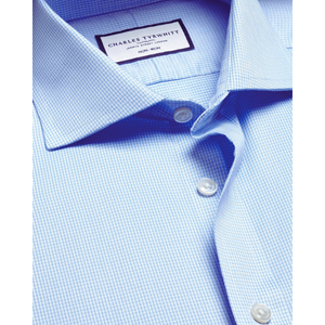 Camisa informal con cuello levantado elegante para perros, fácil cuidado, diente de cachorro, azul cielo, 100% sarga de algodón, cuello recortado sin hierro, ajuste clásico - Product Image 3