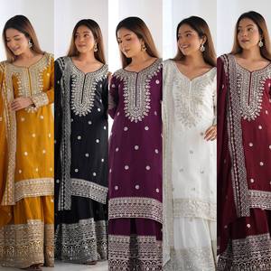 Créateur de mode indien pakistanais femmes 3 picss brodé Chinnon soie Salwar costumes pour la fête disponible prix de gros - Product Image 5