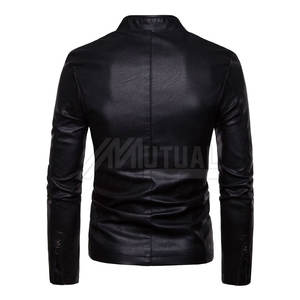 Chaqueta de motorista de cuero genuino para hombre con cuello alto y bolsillos para montar y uso informal Colocación del logotipo frontal - Product Image 2