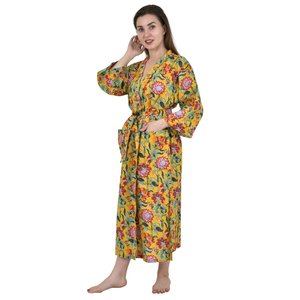 Bata de Casa Boho de Algodón Puro, Vestido de Verano Estampado a Mano Estilo Indio, Amarillo Mostaza, Rosa, con Estampado Floral, Atuendo de Lujo para Vacaciones en la Playa - Product Image 5