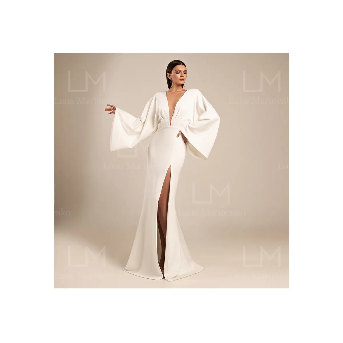 Custom design V-neck back thigh high slit sheath with cut-out "Morgan" woman's wedding dress with wide long sleeves for bride