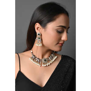 Elephant Design <b>Necklace</b> & <b>Earrings</b> with <b>Pearl</b> & Green Stone Fashion Jewelry <b>Sets</b> - Product Image 6