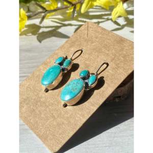 Navajo Handmade Kingman Turquoise & Sterling <b>Silver</b> Drop <b>Earrings</b> Leaf <b>Dangle</b> Design - Product Image 3