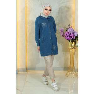 Blusa Casual de Satén y Mezclilla con Cuello Redondo y Manga Casquillo, Logotipo Personalizado, Talla XL, Transpirable, Larga, con Detalle de Piedras y Lazo Frontal con Botones, para Verano - Product Image 1