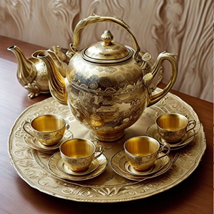 Ornate Golden Brass <b>Tea</b> Service <b>Set</b> with a teapot, creamer, and <b>sugar</b> bowl on a decorative raised tray, perfect for a classic - Product Image 6