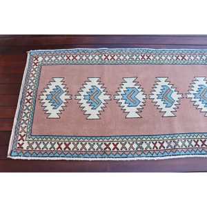 Turkish Vintage <b>Runner</b> Rug 2.9x10.2 ft, <b>Red</b> Blue Check Wool Rug - Product Image 4