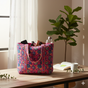 Sac fourre-tout réversible en coton matelassé avec deux imprimés floraux, fait main, écologique, pour le shopping, les voyages et le quotidien, avec longue anse - Product Image 1