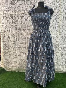 Jaipuri Vestido largo de algodón hecho a mano para mujer estampado de bloques indios silueta suelta cintura Natural peso ligero para ropa de fiesta - Product Image 6