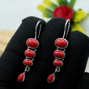 Boucles d'oreilles fines en argent sterling 925 corail rouge Accents or rose Style Boho cadeau d'anniversaire de mariage pour elle pierre précieuse naturelle - Product Image 1