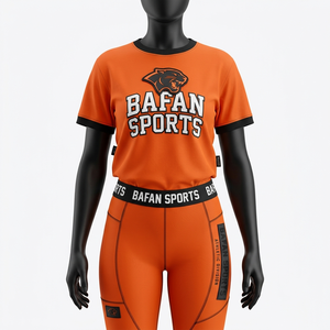 Ensemble t-shirt et leggings pour femme, 260 GSM, orange, panneaux contrastés, logo thermocollé, vêtements de sport personnalisés, ensembles pour femmes - Product Image 6