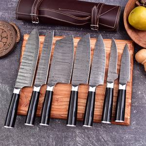 Juego de cuchillos de Damasco al por mayor de alta calidad con bajo MOQ, juego de 7 piezas con remaches exquisitos y funda de cuero para cocina, en venta. - Product Image 4