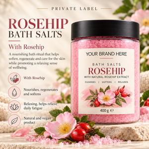 Bagno Minerale al Rosa Mosqueta con Etichetta Privata 400g |   Cura della Pelle Naturale Vegana e Nutriente |   Produttore OEM Spagna - Product Image 2