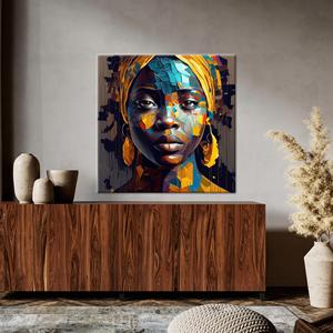 Art mural en verre « Femme africaine vibrante » - Décoration intérieure sur toile imprimée, encadrée - Product Image 1