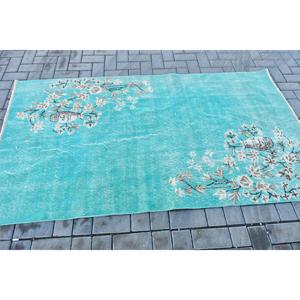 Alfombra Turca Vintage, Alfombra de 3.7x6.7 pies, Alfombra de Lana Sólida Azul y Blanca - Product Image 3