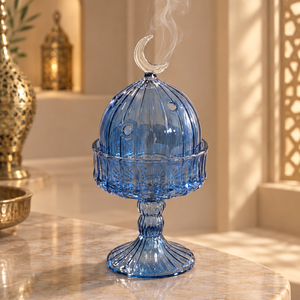 Quemador de Incienso de Vidrio Borosilicato Hecho a Mano de Lujo LW74-Cr, con Asa de Vidrio en Forma de Luna Creciente, Arte Folclórico Egipcio, Incensario Bakhoor, Recuerdo Dorado - Product Image 1