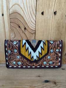RFID Protected <b>Womens</b> Hand Tooled Genuine Leather <b>Wallet</b> Clutch Trifold <b>Travel</b> Set Snap Closure Nylon Lining Western Vintage - Product Image 2