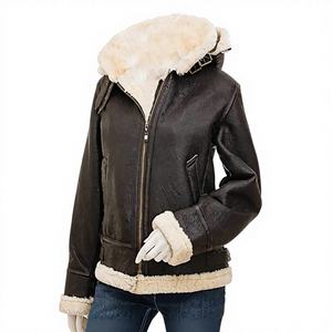 Veste d'aviateur en cuir de mouton véritable pour femme, modèle B3, avec capuche amovible en fourrure Sherpa, veste décontractée d'hiver, OEM - Product Image 1