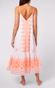 2023 nouvelle saison Orange col en V femmes robe mi-longue Ultra flatteur néon Orange Dhaka imprimer Unique dentelle décorée robe d'été - Product Image 6