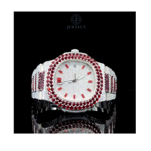 Reloj de cuarzo Iced Out Moissanite de lujo para hombre, diseño completo de diamantes con visualización de fecha y piedras Rojas, reloj automático de Hip Hop - Product Image 1