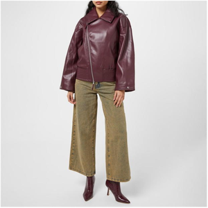 OEM Venta Caliente DE LA Mujer Rica Borgoña elegante asimétrico Zip-Up chaqueta de cuero del bombardero transpirable bajo MOQ de alta calidad - Product Image 5