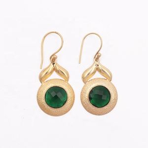 Designer Round Shape Matte Finished Long Hook <b>Earrings</b> with <b>Emerald</b> Gemstone Gold Plated Handmade Fashion <b>Drop</b> Jewelry - Product Image 1