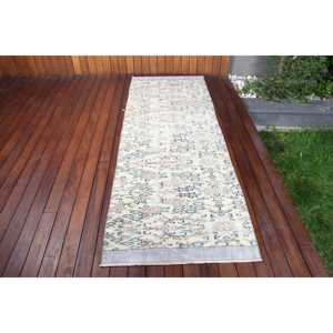 Turkish Vintage <b>Runner</b> <b>Rug</b> 2.8x7.7 ft, White Wool <b>Rug</b> - Product Image 1