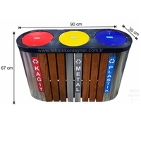 Poubelle de recyclage rectangulaire extérieure à 3 compartiments en bois et acier inoxydable, avec couvercle roulant, écologique et zéro déchet