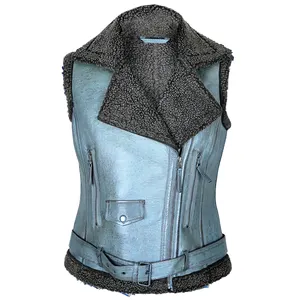 Men's fur collar and fur lining zippers and belt style metallic sleeveless vest wholesale jacket