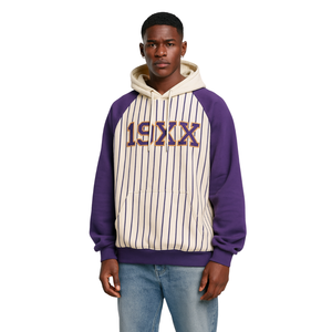 Pinstripes Design Omega Fraternity Hoodie Neutral con mangas raglán púrpura Chenille Logo Divine Nine Año de Fundación 19XX - Product Image 1