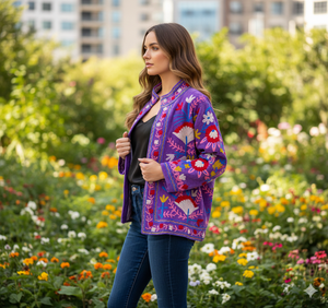 Manteau court pour femme en broderie Suzani, motif à carreaux, doublure en coton, taille unique, hiver - Product Image 1