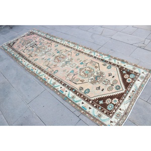 Vintage Rug, 3.3x9.8 ft Runner Rug, <b>Brown</b> Floral <b>Wool</b> Turkish Rug - Product Image 2