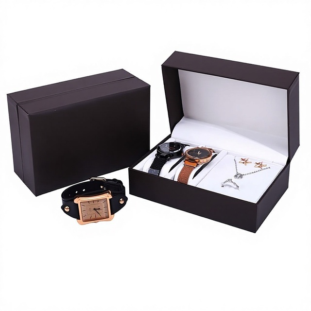 Manufacturer Custom logo Flip PU Rectangular Plain Watch Box for Couple Jewelry Set with Necklace Ring Earrings Storage Box